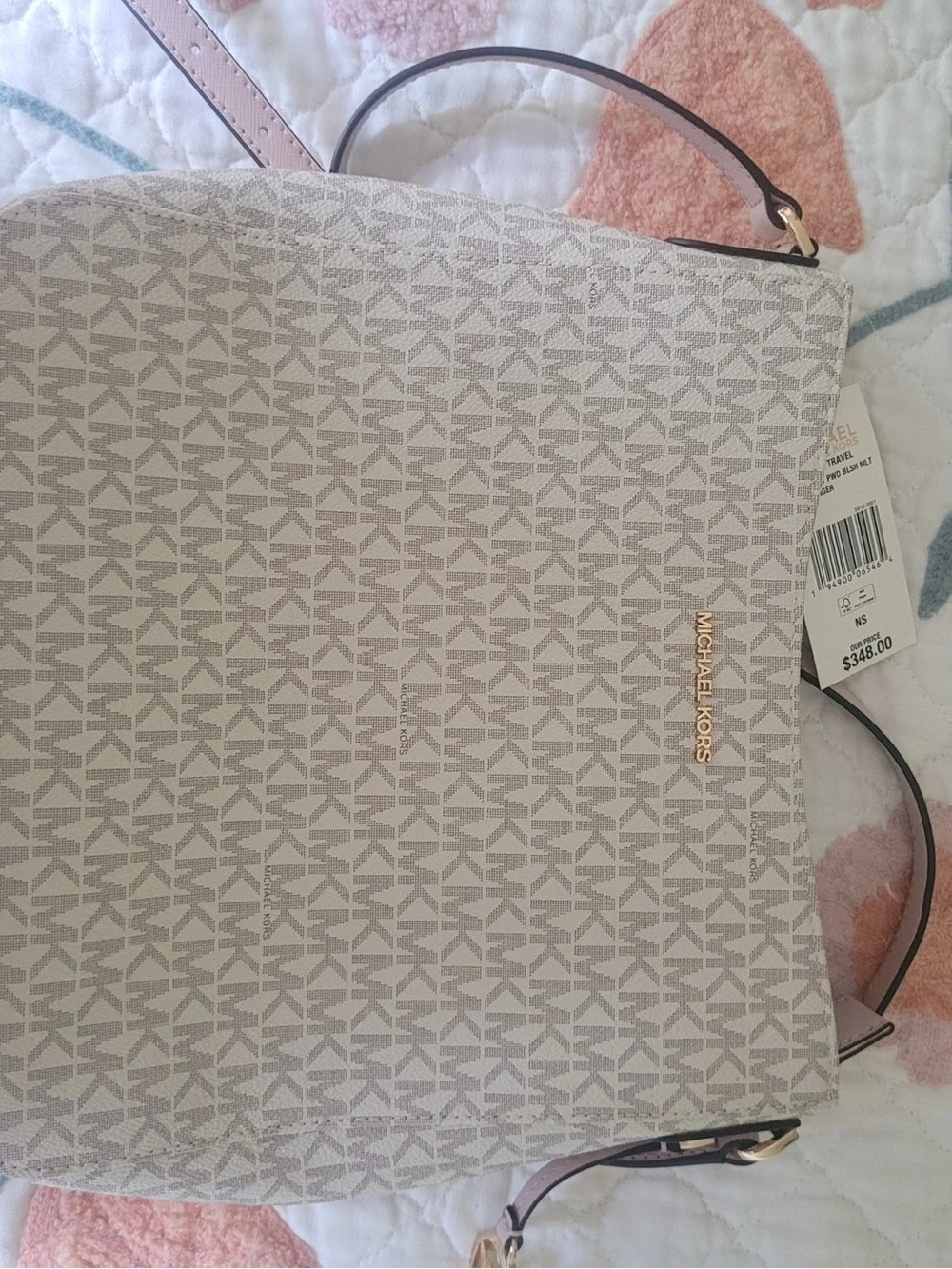 Michael Kors Beige Logo Crossbody with Light Pink Strap